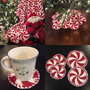 Peppermint Crochet patterns (all):  Tree Skirt, Throw, Coasters, and Potholders