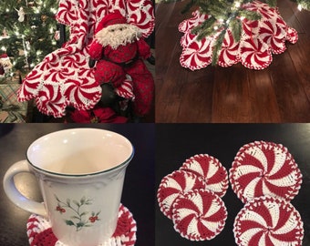 Peppermint Crochet patterns (all):  Tree Skirt, Throw, Coasters, and Potholders