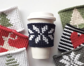 Crochet Pattern - Linden Coffee Cozy/Sleeve by Lakeside Loops (includes 12 original silhouettes + alphabet)