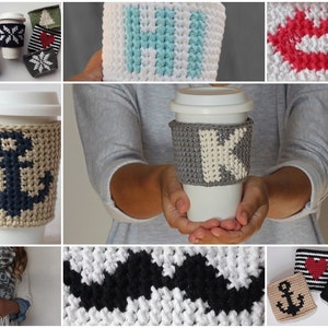 Crochet Pattern Linden Coffee Cozy/Sleeve by Lakeside Loops includes 12 original silhouettes alphabet image 4