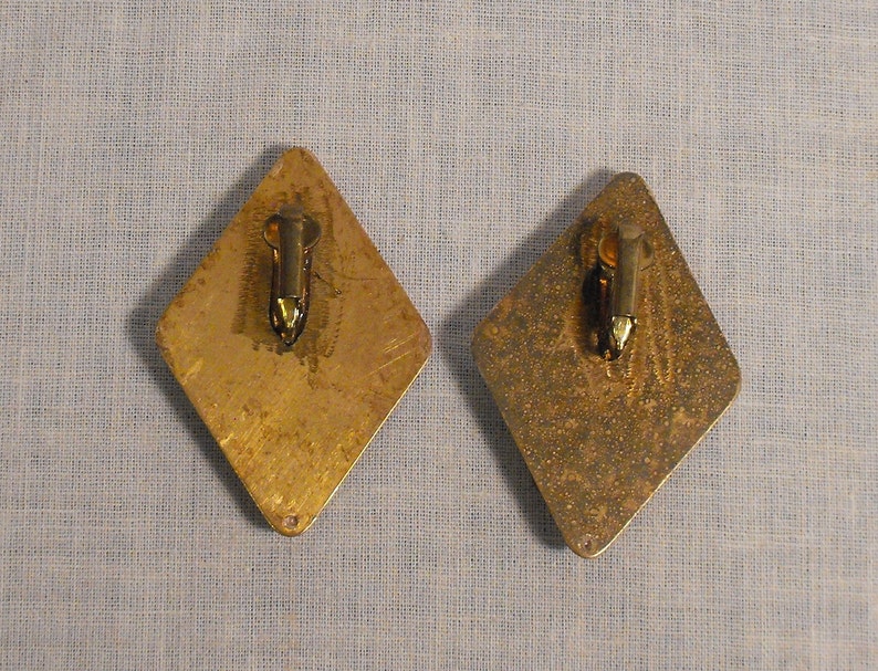 Free Shipping Vintage Pair Clip on Earrings by Gina Renee of Atlanta Handmade hand Painted Marbleized Enameling and Clear Rhinestone