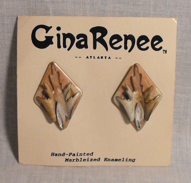 Free Shipping Vintage Pair Clip on Earrings by Gina Renee of Atlanta Handmade hand Painted Marbleized Enameling and Clear Rhinestone