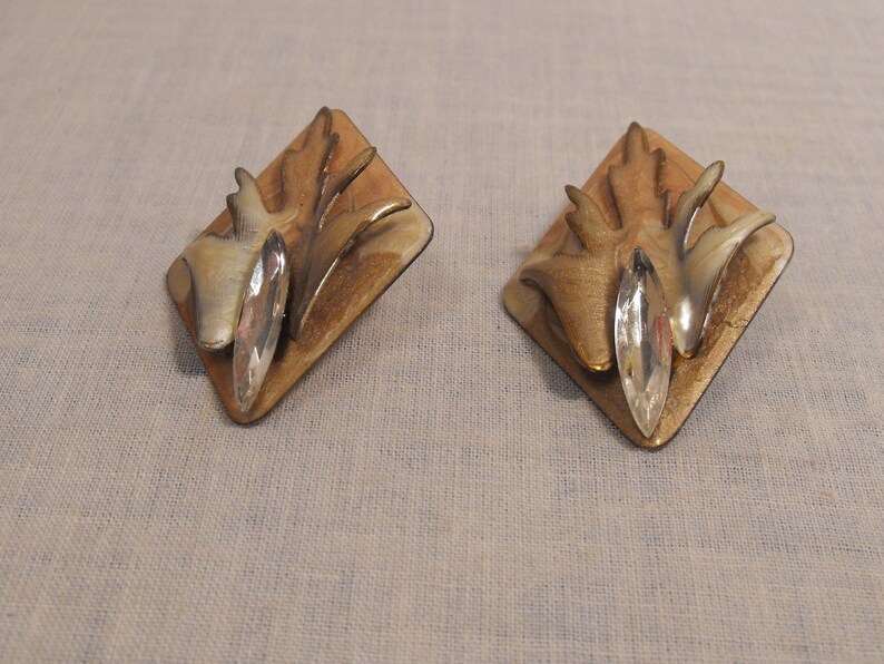 Free Shipping Vintage Pair Clip on Earrings by Gina Renee of Atlanta Handmade hand Painted Marbleized Enameling and Clear Rhinestone