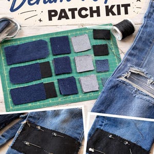 May include: DIY Denim Repair Patch Kit with various denim patches, black thread, and scissors. The image shows how to repair jeans with patches. The text "DIY Denim Repair PATCH KIT" is visible.