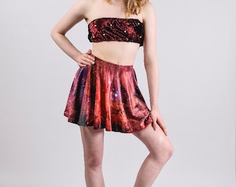 Red Space Galaxy Nebula Velvet Skater festival Skirt