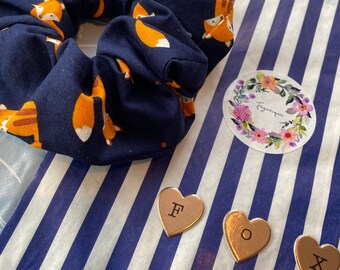Fox Scrunchie Navy, Autumn Gift, Christmas small gift, stocking filler,Birthday , Woodland
