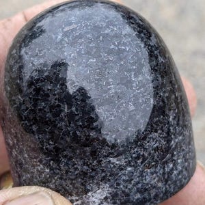 May include: A polished, dark gray stone with a rounded, dome-like shape. The surface has a speckled pattern with lighter gray and white flecks, creating a textured appearance. The stone is held in a hand, suggesting its size and portability.