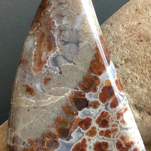 May include: A polished, triangular gemstone with a unique pattern. The stone features a mix of colors, including shades of brown, orange, and white, creating a marbled effect. The surface is smooth and reflective, highlighting the natural variations.