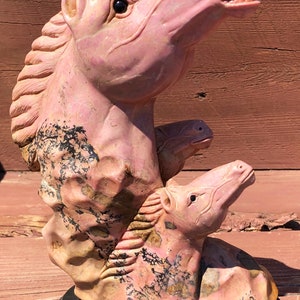 Rhodochrosite Hand Carved Triple Horse Head Statue 5lbs 9oz.