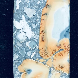 May include: A rectangular stone with a unique pattern. The stone features a mix of gray, white, and tan colors. The gray section has a mosaic-like appearance, while the tan areas have a tree-like pattern.