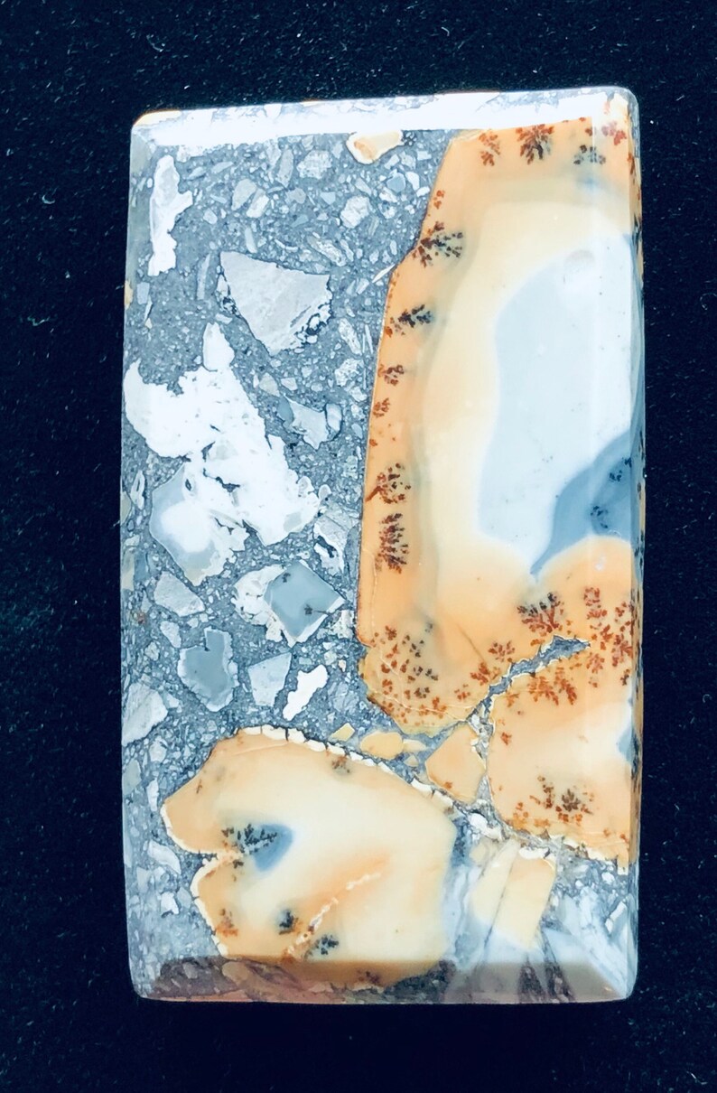 May include: A rectangular stone with a unique pattern. The stone features a mix of gray, white, and tan colors. The gray section has a mosaic-like appearance, while the tan areas have a tree-like pattern.