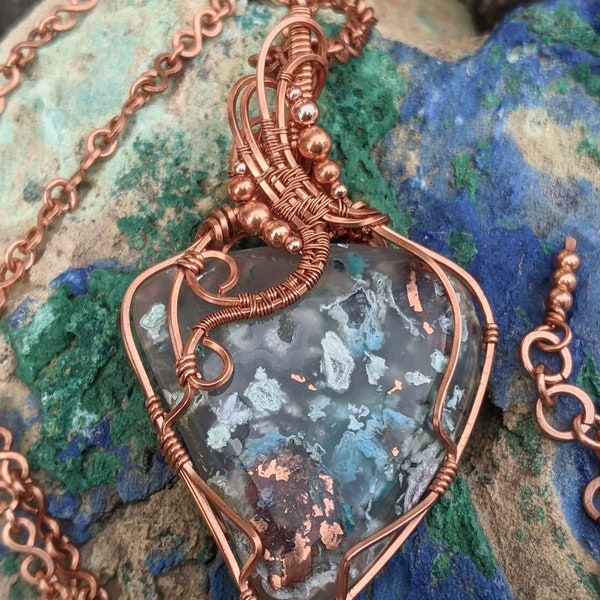 Confetti Native Copper & Chrysocolla In Custom Wire Wrap Pendant Necklace By Sheena Clark