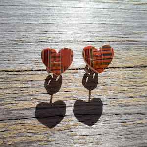 Heart Stud Earrings in Orange Kente Print