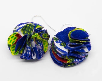 African Fabric Blue Pom Pom Earrings  | African Print Earrings | Ankara Earrings | Fabric Earrings | Statement Earrings |