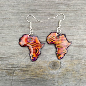 Kente Fabric Print Afrika Kaart Oorbellen, Ankara Sieraden, Afrika Kaart, Statement Sieraden, Kente Oorbellen, Afrika Kaart, Kente Sieraden