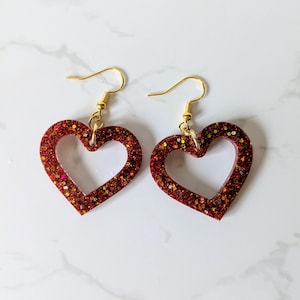 Heart Earrings, Red and Gold, Heart Dangle Earrings, Valentine&#39;s Gift, Romantic Jewellery