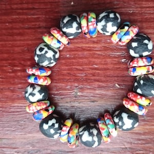 Beaded Stretch Bracelet, Krobo Bead Bracelet, Ghanaian Recycled Beads, Black White and Multicoloured Bracelet, Krobo Beads, Recycled Glass