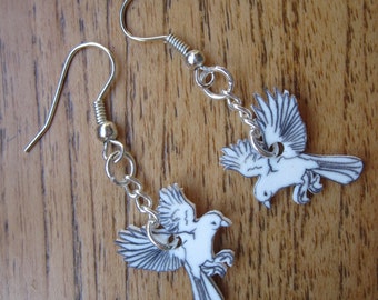 Hovering white bird drop earrings, hand drawn earrings, one-of-a-kind, drop earrings, lightweight jewellery