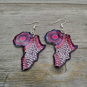 Rosa Stoffdruck Afrika Karte Ohrringe, Ankara Schmuck, Afrika Karte Ohrringe, Statement Schmuck, Schallplatte Print, West Afrika, Zentralafrika
