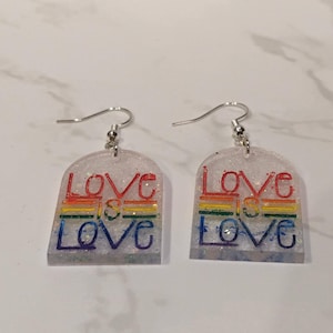 Love Is Love Dangle Earrings, LGBTQIA+ Pride Rainbow Earrings, LGBTQ Ally Earrings, transparent, Rainbow LGBTQ+ Pride Dangle Earrings