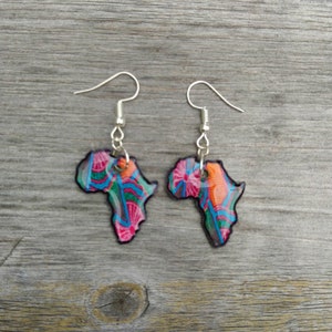 Multicoloured Fabric Print Africa Map Earrings, Ankara Jewellery, Africa Map Earrings, Statement Jewellery, Colourful Earrings