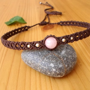 Rose Quartz Macrame Choker: Adjustable Bohemian Gemstone Necklace