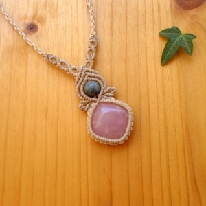Macrame Rose Quartz Necklace: Bohemian Jewelry with Moss Agate