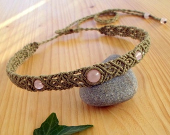 Macrame choker, rose quartz necklace, macrame jewelry, rose quartz choker, macrame necklace, gemstone choker, macrame headband