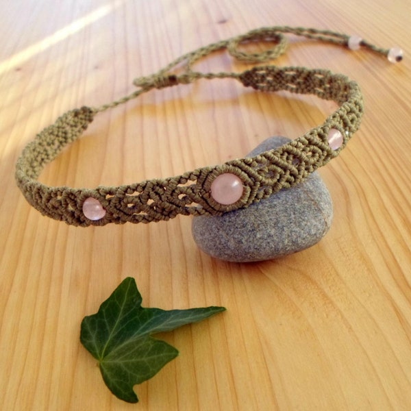 Macrame choker, rose quartz necklace, macrame jewelry, rose quartz choker, macrame necklace, gemstone choker, macrame headband