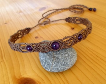 Makramee Halsband, Amethyst Halskette, Makramee Schmuck, Amethyst Halsband, Makramee Halskette, Edelstein Halsband, Makramee Stirnband, Boho Chic Schmuck