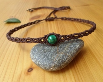Macrame choker, malachite necklace, macrame jewelry, malachite choker, macrame necklace, gemstone choker, malachite jewelry, boho choker