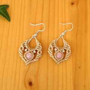 Macrame Earrings: Rose Quartz Gemstone, Boho Chic Jewelry