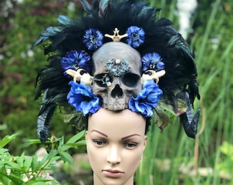 READY TO SHIP Dragon Skull Headdress, priestess headdress, fairy, renaissance faire, headpiece, flower headdress, horn headdress, skull