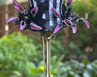READY TO SHIP Purple Venus Flytrap Black and White Day of the Dead Top Hat, Halloween, top hat