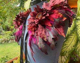 READY TO SHIP Purple Pink Feather Flower Shrug, Shoulder cape, collar, shawl also can be used as a waist skirt