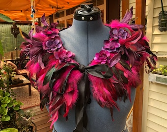 READY TO SHIP Pink and Purple Feather Flower Shrug, Shoulder cape, collar, shawl also can be used as a waist skirt