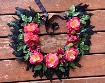 READY TO SHIP Shades of pink and black  Feather Flower Shrug, Shoulder cape, collar, shawl also can be used as a waist skirt