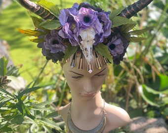 READY TO SHIP After Dark Headdress, bird skull, skull,  fairy, renaissance faire, headdress, headpiece, flower headdress