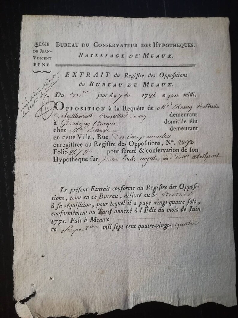 FRANCE 1784 antique French printed /& handwritten manuscript paper old calligraphy penmanship letter 1700s legal document made in Paris