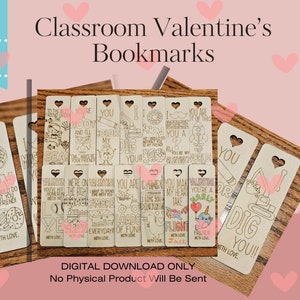 Laser Engraved Wooden Valentine Bookmarks, Kids Classroom Gift (SVG, DXF, PDF)