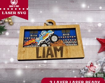 Layered Monster Truck Christmas Ornament SVG Cut File, Laser Ready, Personalized Ornament, Boy