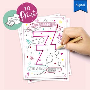 May include: A digital printable birthday card with a pink and white design. The card features the number 7, balloons, and the text "Einladung zu meinem Geburtstag". A hand is drawing on the card with a pencil.