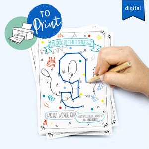 May include: A digital printable birthday invitation with a connect-the-dots design forming the number 9. The invitation includes the text "EINLADUNG ZU MEINEM GEBURTSTAG" and "WIE ALT WERDE ICH?" A hand is drawing with a pencil.