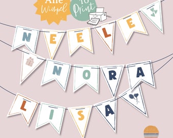 Name garland to print out - personalized pennant chain - digital download - pennant to download - make it yourself - paper - names