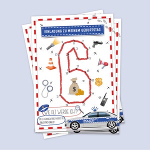Polizei Einladung mit Rätsel – Kindergeburtstag – Karte zum Mitmachen – Blaulicht Polizeiauto  Schnitzeljagd Räuber Dieb Detektiv Polizist
