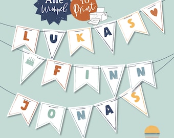 Name garland to print out - personalized pennant chain - digital download - pennant to download - make it yourself - paper - names