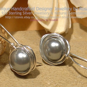 Boucles d&#39;oreilles en argent 925 avec perles, gris, bijoux faits main 0218-1