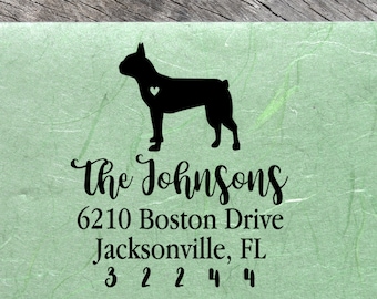 Boston Terrier Custom Address Stamp - Self Inking Boston Terrier Calligraphy Stamp