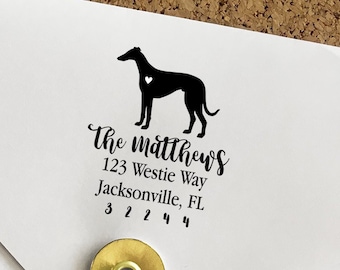 Greyhound Custom Address Stamp - Self Inking Greyhound Family Calligraphy Stamp