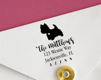 Westie Custom Address Stamp - Self Inking West Highland Terrier Calligraphy Stamp